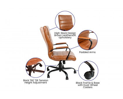 BLNK Whitney LeatherSoft High-Back Executive Swivel Office Chair with Black Frame and Arms - Brown