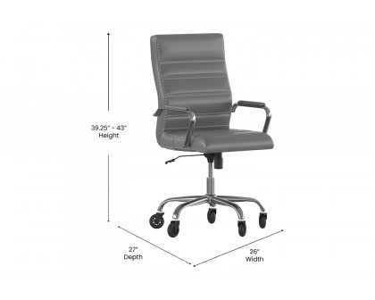 BLNK Whitney LeatherSoft High-Back Executive Swivel Office Chair with Chrome Frame, Arms, and Transparent Roller Wheels - Gray