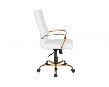 BLNK Whitney LeatherSoft High-Back Executive Swivel Office Chair with Gold Frame and Arms - White