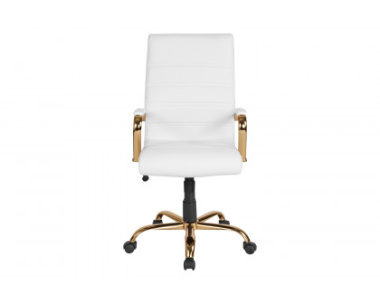 BLNK Whitney LeatherSoft High-Back Executive Swivel Office Chair with Gold Frame and Arms - White