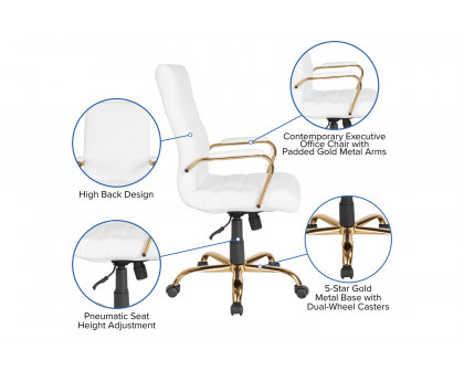 BLNK Whitney LeatherSoft High-Back Executive Swivel Office Chair with Gold Frame and Arms - White