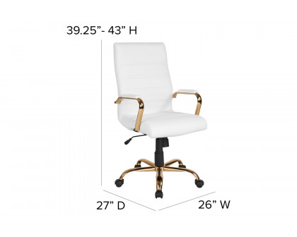 BLNK Whitney LeatherSoft High-Back Executive Swivel Office Chair with Gold Frame and Arms - White