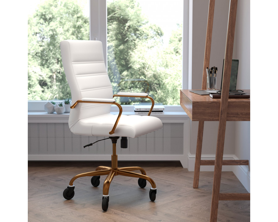 BLNK Whitney LeatherSoft High-Back Executive Swivel Office Chair with Gold Frame, Arms, and Transparent Roller Wheels