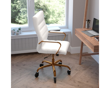 BLNK Whitney LeatherSoft High-Back Executive Swivel Office Chair with Gold Frame, Arms, and Transparent Roller Wheels