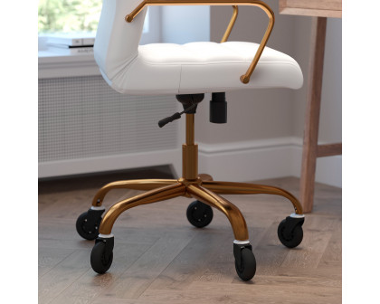 BLNK Whitney LeatherSoft High-Back Executive Swivel Office Chair with Gold Frame, Arms, and Transparent Roller Wheels - White