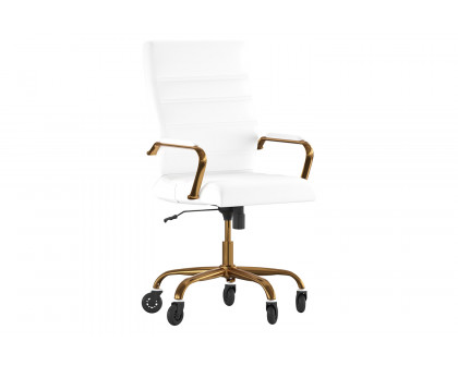 BLNK Whitney LeatherSoft High-Back Executive Swivel Office Chair with Gold Frame, Arms, and Transparent Roller Wheels - White