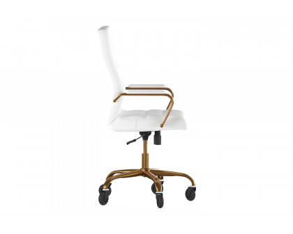 BLNK Whitney LeatherSoft High-Back Executive Swivel Office Chair with Gold Frame, Arms, and Transparent Roller Wheels - White