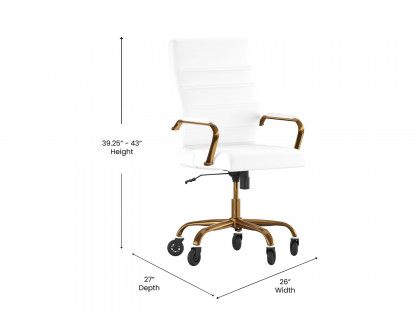 BLNK Whitney LeatherSoft High-Back Executive Swivel Office Chair with Gold Frame, Arms, and Transparent Roller Wheels - White