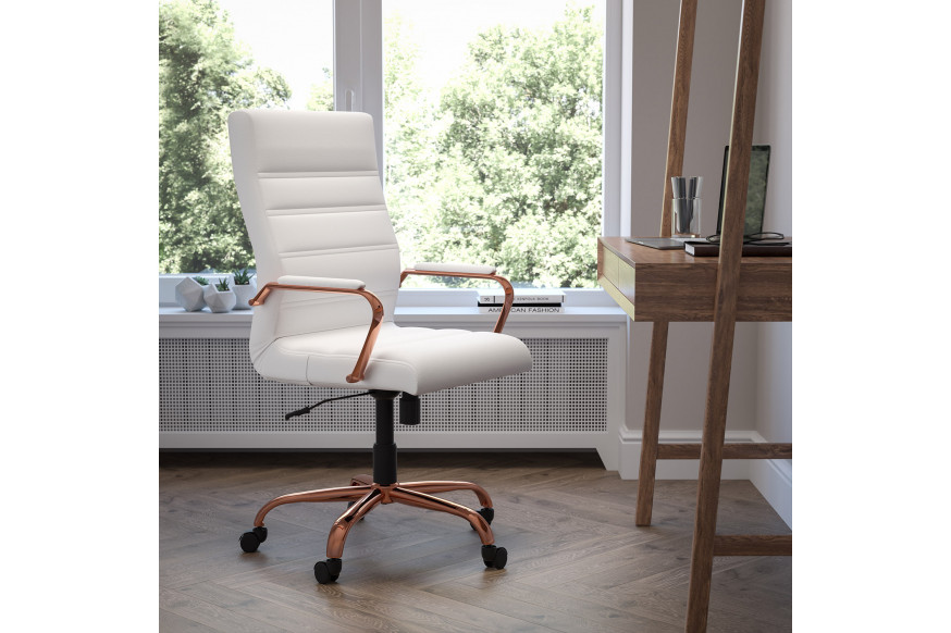 BLNK™ Whitney LeatherSoft High-Back Executive Swivel Office Chair with Rose Gold Frame and Arms - White