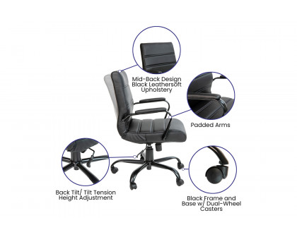 BLNK Whitney LeatherSoft Mid-Back Executive Swivel Office Chair with Black Frame and Arms - Black