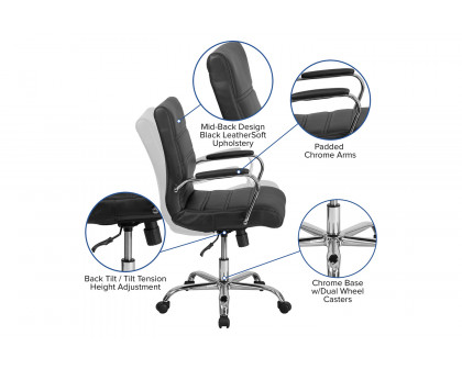 BLNK Whitney LeatherSoft Mid-Back Executive Swivel Office Chair with Chrome Frame and Arms - Black