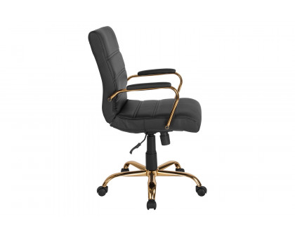 BLNK Whitney LeatherSoft Mid-Back Executive Swivel Office Chair with Gold Frame and Arms - Black