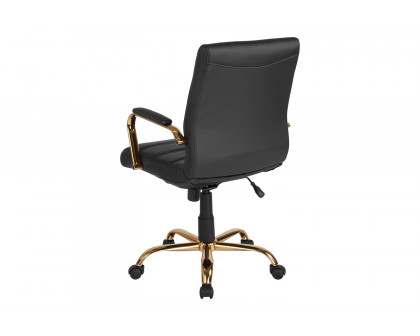 BLNK Whitney LeatherSoft Mid-Back Executive Swivel Office Chair with Gold Frame and Arms - Black