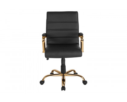 BLNK Whitney LeatherSoft Mid-Back Executive Swivel Office Chair with Gold Frame and Arms - Black