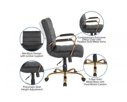 BLNK Whitney LeatherSoft Mid-Back Executive Swivel Office Chair with Gold Frame and Arms - Black