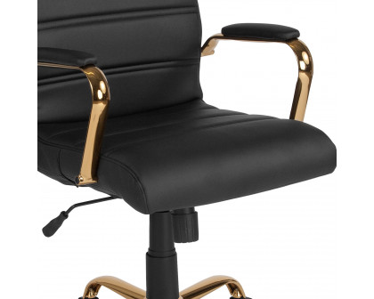 BLNK Whitney LeatherSoft Mid-Back Executive Swivel Office Chair with Gold Frame and Arms - Black