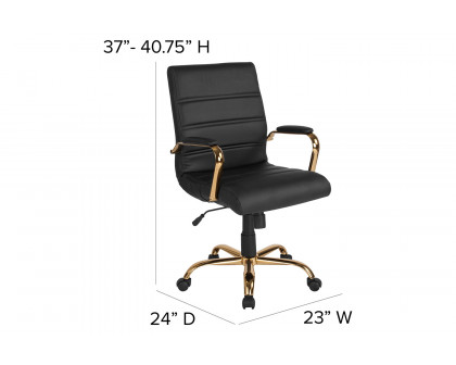 BLNK Whitney LeatherSoft Mid-Back Executive Swivel Office Chair with Gold Frame and Arms - Black