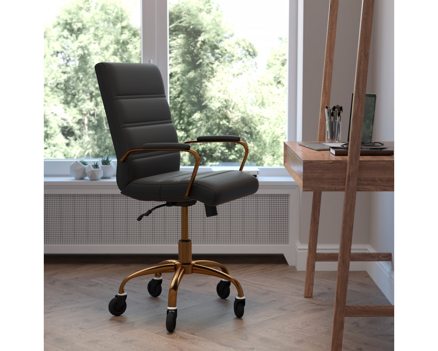 BLNK Camilia LeatherSoft Executive Swivel Office Chair with Gold Frame, Arms, and Transparent Roller Wheels