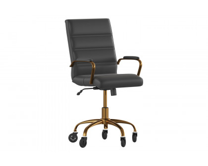 BLNK Camilia LeatherSoft Executive Swivel Office Chair with Gold Frame, Arms, and Transparent Roller Wheels - Black