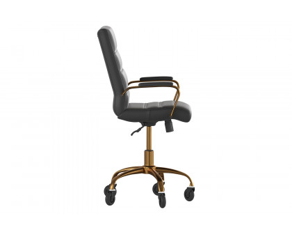 BLNK Camilia LeatherSoft Executive Swivel Office Chair with Gold Frame, Arms, and Transparent Roller Wheels - Black