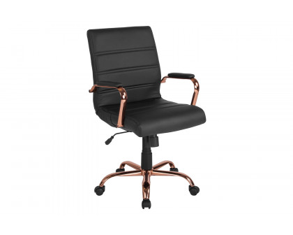 BLNK Whitney LeatherSoft Mid-Back Executive Swivel Office Chair with Rose Gold Frame and Arms - Black