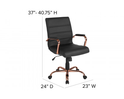 BLNK Whitney LeatherSoft Mid-Back Executive Swivel Office Chair with Rose Gold Frame and Arms - Black