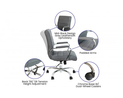 BLNK Whitney LeatherSoft Mid-Back Executive Swivel Office Chair with Chrome Frame and Arms - Gray