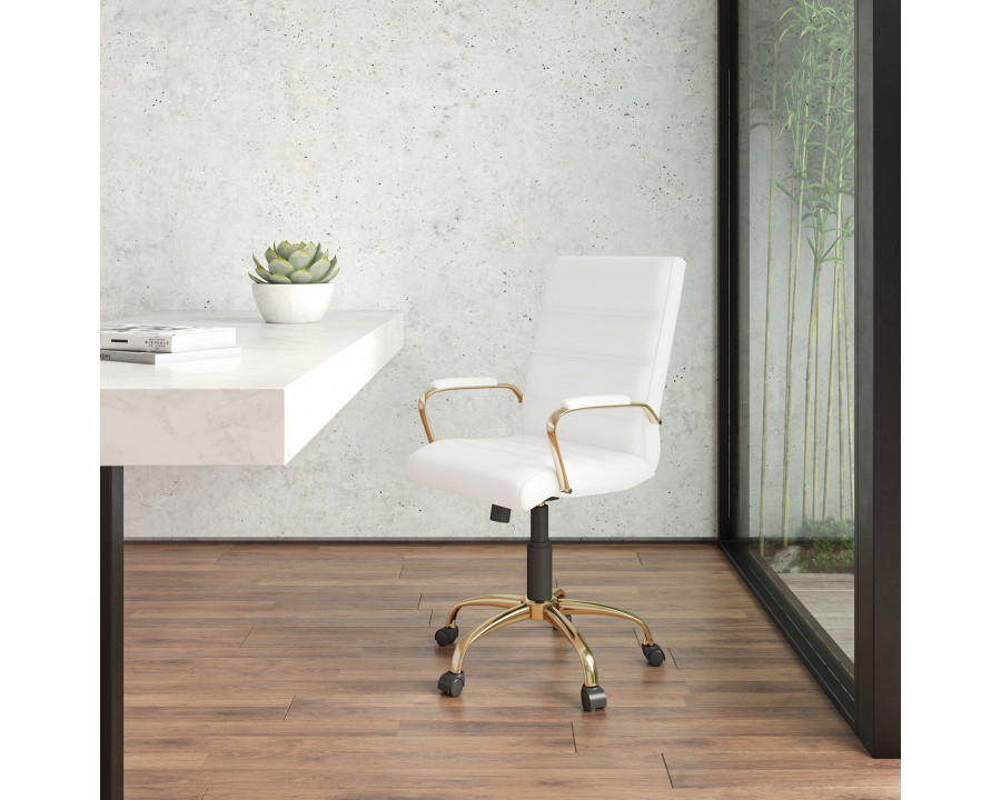 BLNK Whitney LeatherSoft Mid-Back Executive Swivel Office Chair with Gold Frame and Arms - White