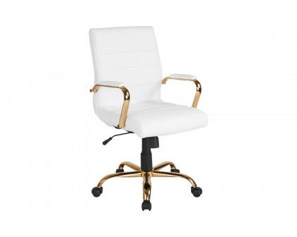 BLNK Whitney LeatherSoft Mid-Back Executive Swivel Office Chair with Gold Frame and Arms - White