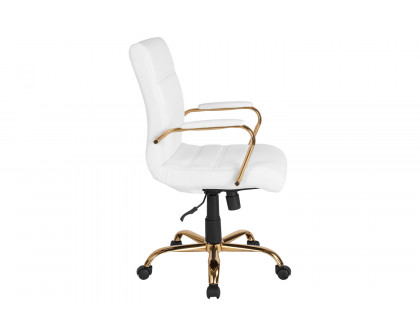 BLNK Whitney LeatherSoft Mid-Back Executive Swivel Office Chair with Gold Frame and Arms - White