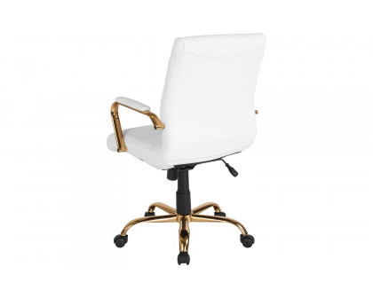 BLNK Whitney LeatherSoft Mid-Back Executive Swivel Office Chair with Gold Frame and Arms - White