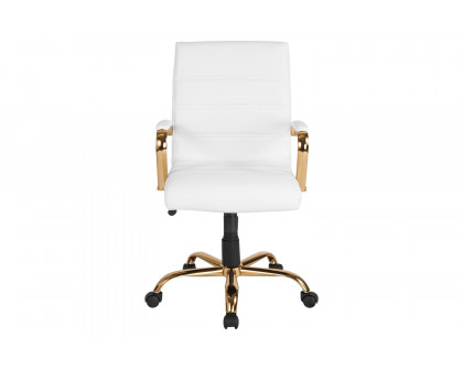 BLNK Whitney LeatherSoft Mid-Back Executive Swivel Office Chair with Gold Frame and Arms - White