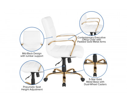 BLNK Whitney LeatherSoft Mid-Back Executive Swivel Office Chair with Gold Frame and Arms - White