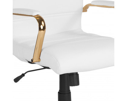 BLNK Whitney LeatherSoft Mid-Back Executive Swivel Office Chair with Gold Frame and Arms - White