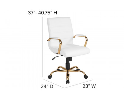 BLNK Whitney LeatherSoft Mid-Back Executive Swivel Office Chair with Gold Frame and Arms - White