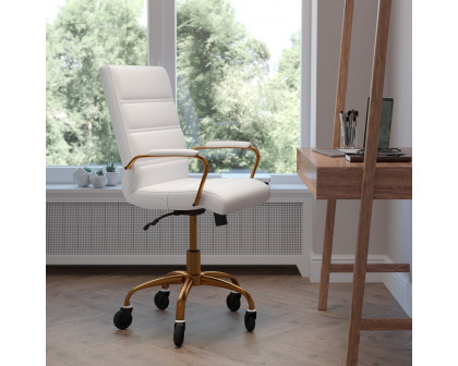 BLNK Camilia LeatherSoft Executive Swivel Office Chair with Gold Frame, Arms, and Transparent Roller Wheels