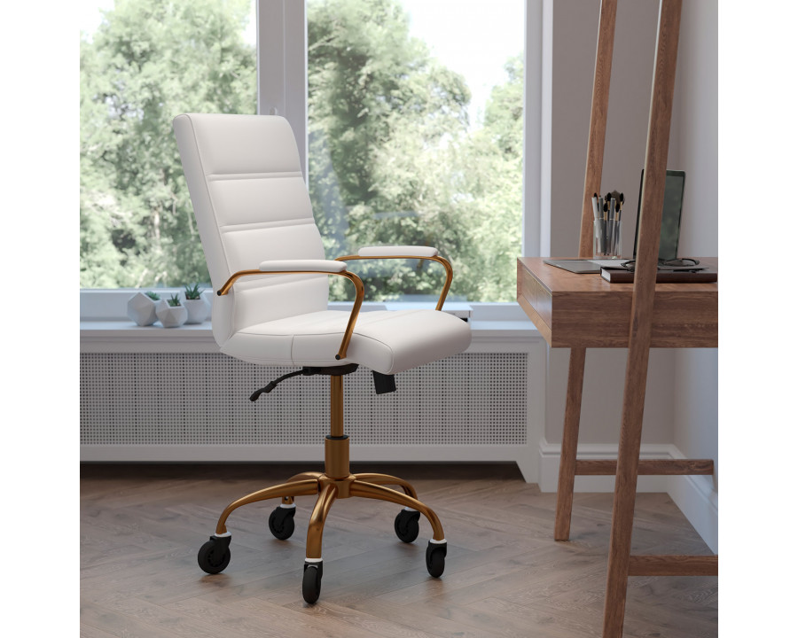 BLNK Camilia LeatherSoft Executive Swivel Office Chair with Gold Frame, Arms, and Transparent Roller Wheels - White