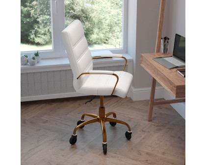 BLNK Camilia LeatherSoft Executive Swivel Office Chair with Gold Frame, Arms, and Transparent Roller Wheels - White