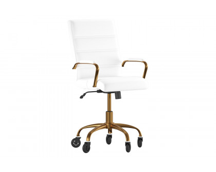 BLNK Camilia LeatherSoft Executive Swivel Office Chair with Gold Frame, Arms, and Transparent Roller Wheels - White