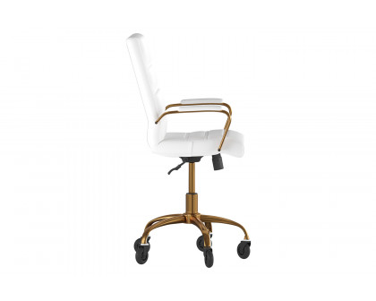 BLNK Camilia LeatherSoft Executive Swivel Office Chair with Gold Frame, Arms, and Transparent Roller Wheels - White