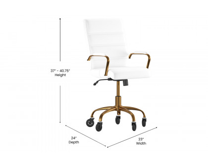 BLNK Camilia LeatherSoft Executive Swivel Office Chair with Gold Frame, Arms, and Transparent Roller Wheels - White