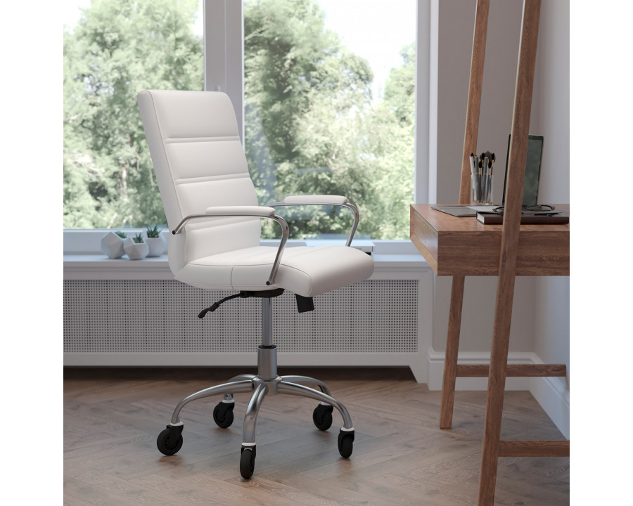 BLNK Camilia LeatherSoft Executive Swivel Office Chair with Chrome Frame, Arms, and Transparent Roller Wheels - White