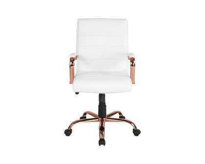 BLNK Whitney LeatherSoft Mid-Back Executive Swivel Office Chair with Rose Gold Frame and Arms - White