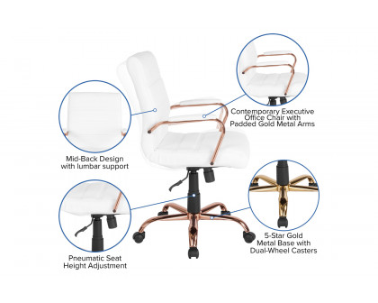 BLNK Whitney LeatherSoft Mid-Back Executive Swivel Office Chair with Rose Gold Frame and Arms - White