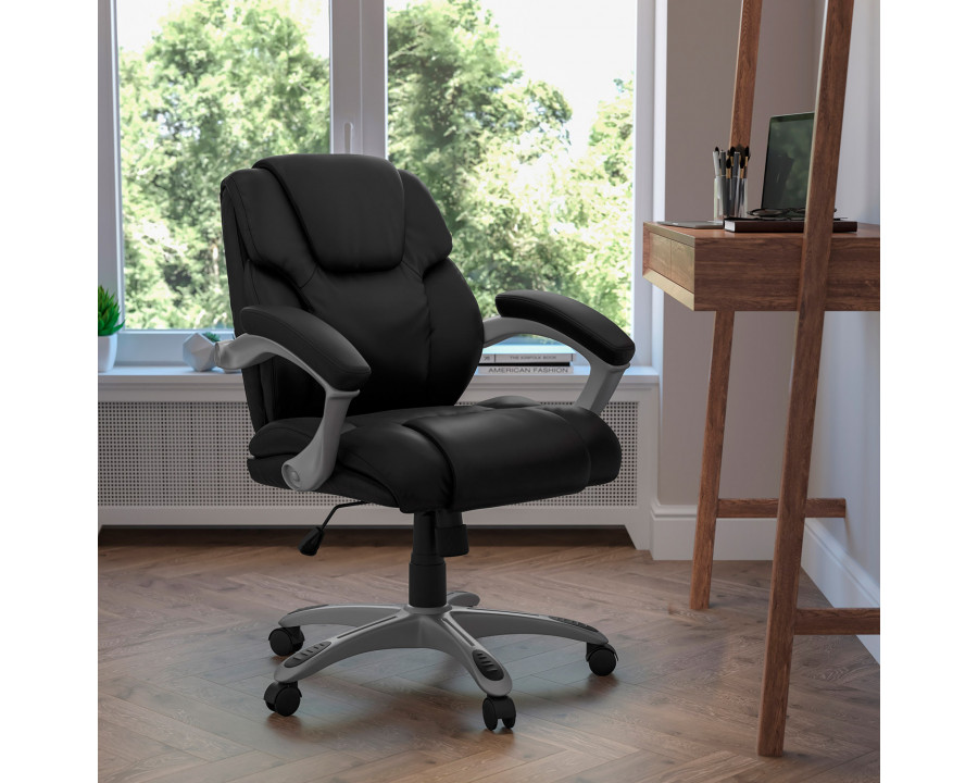 BLNK - Heather LeatherSoft Mid-Back Layered Upholstered Executive Swivel Ergonomic Office Chair with Silver Nylon Base and Arms