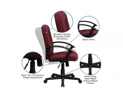 BLNK Garver Fabric Mid-Back Executive Swivel Office Chair with Nylon Arms - Burgundy