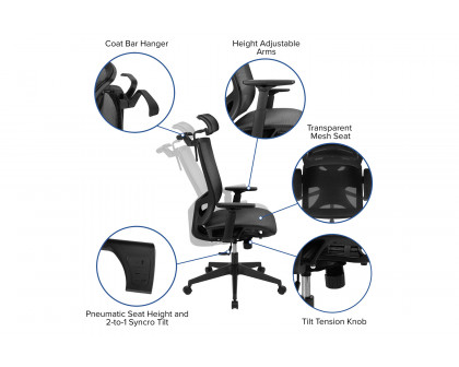 BLNK Layla Ergonomic Mesh Office Chair with Synchro-Tilt, Pivot Adjustable Headrest, Lumbar Support, Coat Hanger and Adjustable Arms - Black