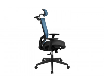 BLNK Layla Ergonomic Mesh Office Chair with Synchro-Tilt, Pivot Adjustable Headrest, Lumbar Support, Coat Hanger and Adjustable Arms - Blue/Black