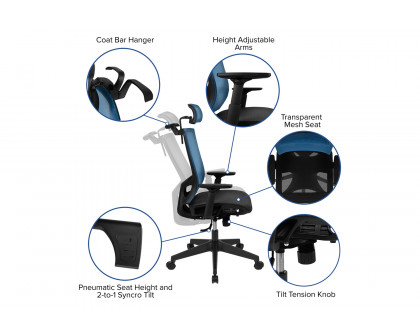 BLNK Layla Ergonomic Mesh Office Chair with Synchro-Tilt, Pivot Adjustable Headrest, Lumbar Support, Coat Hanger and Adjustable Arms - Blue/Black