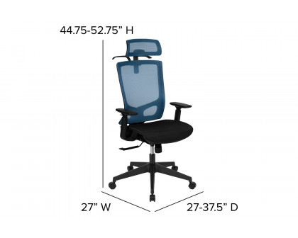 BLNK Layla Ergonomic Mesh Office Chair with Synchro-Tilt, Pivot Adjustable Headrest, Lumbar Support, Coat Hanger and Adjustable Arms - Blue/Black